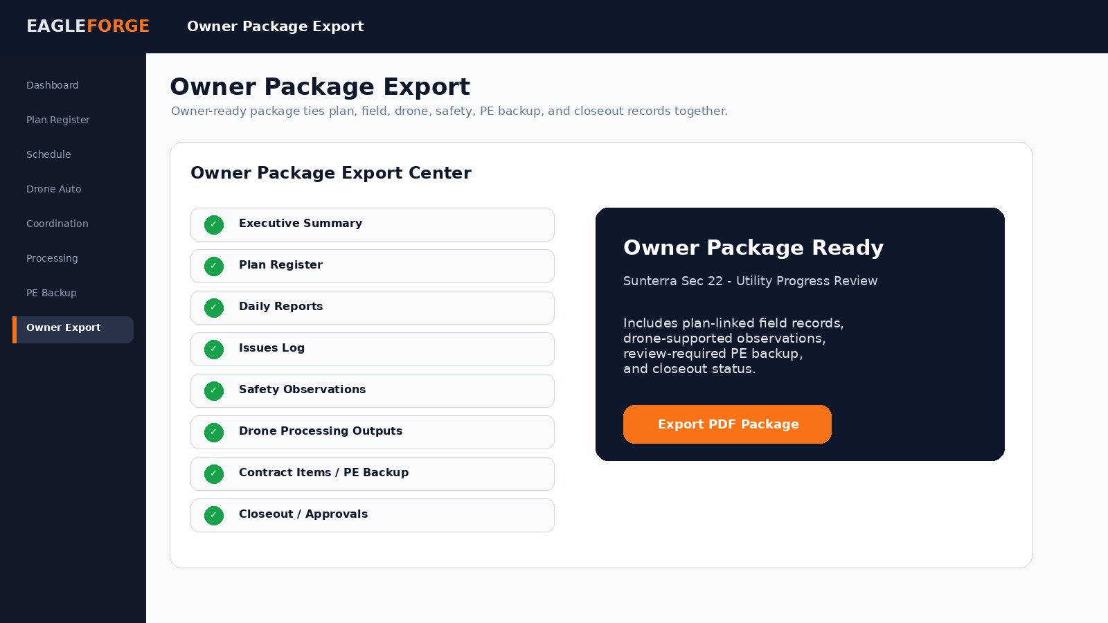 EagleForge Owner Package Export Screenshot