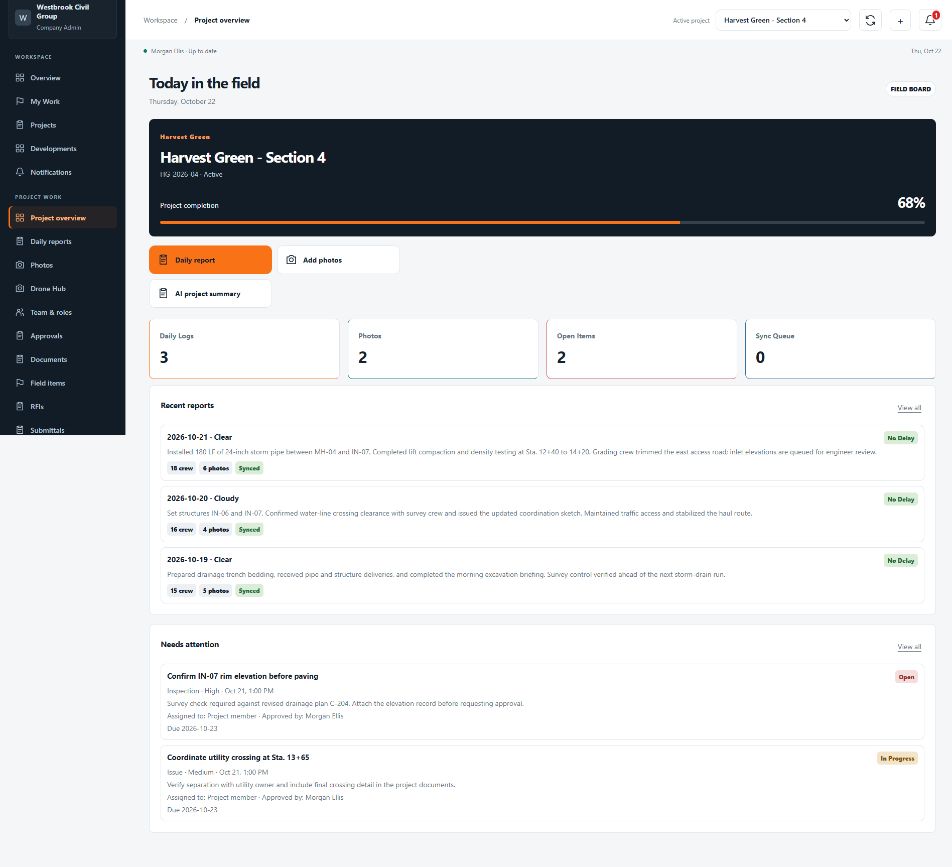 EagleForge project overview for Harvest Green, with progress, daily reports and items needing attention